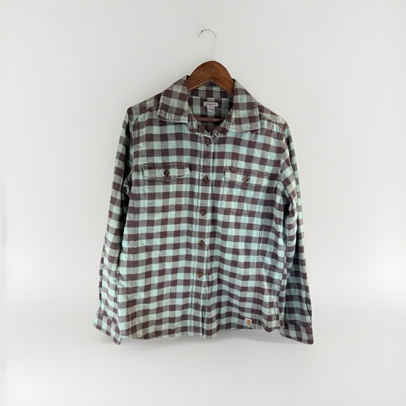 Carhartt Pants - Carhartt Green and Grey Flannel Button Down Women's  8/10 Long Sleeve
